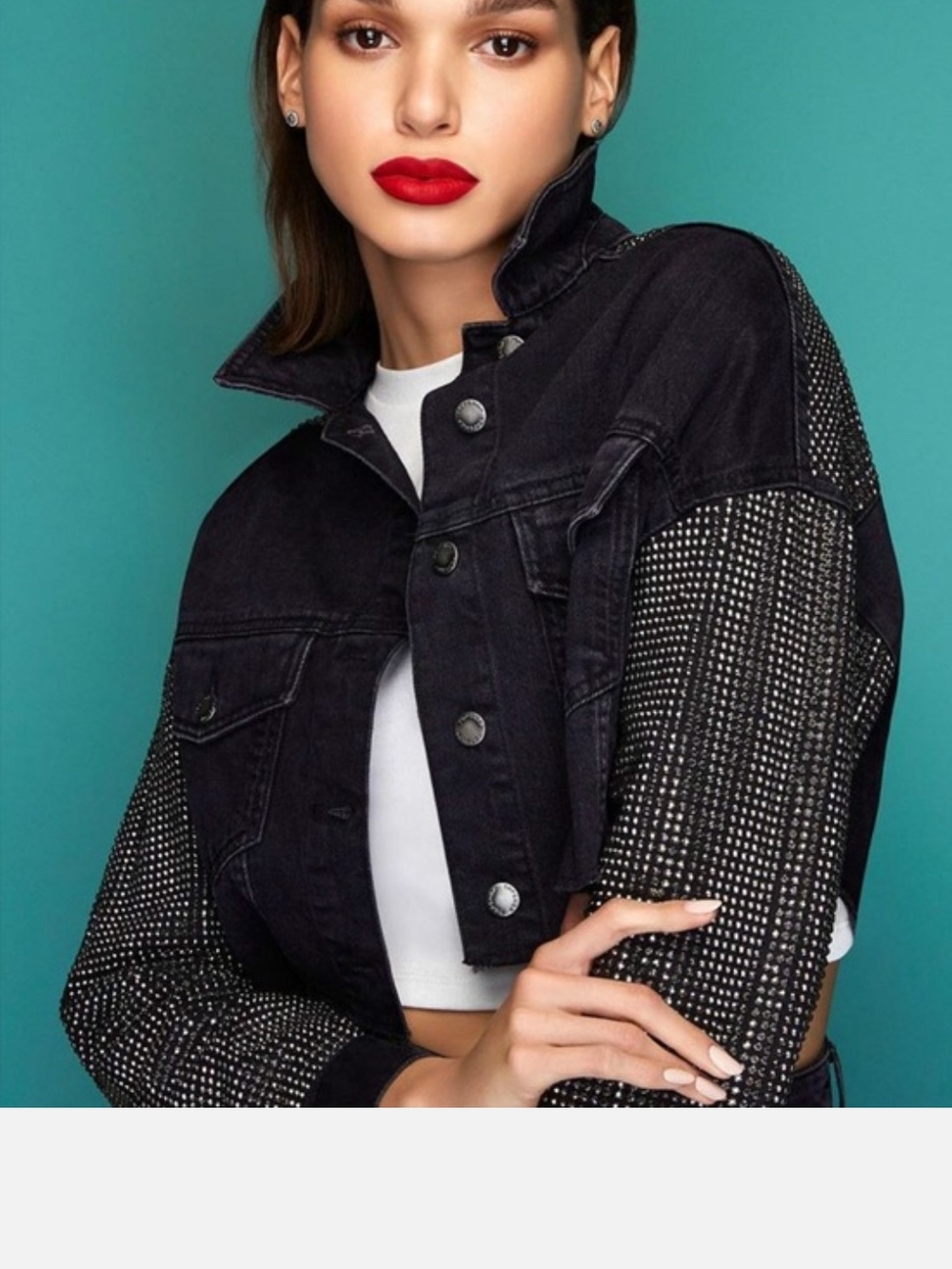 Topshop Black Cropped Jean Jacket with Embellished Studded Sleeves
